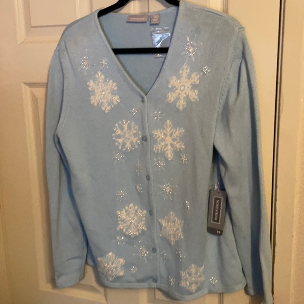 Nordstrom Baby Blue and White Snowflake Holiday Winter NWT Sweater XL beaded